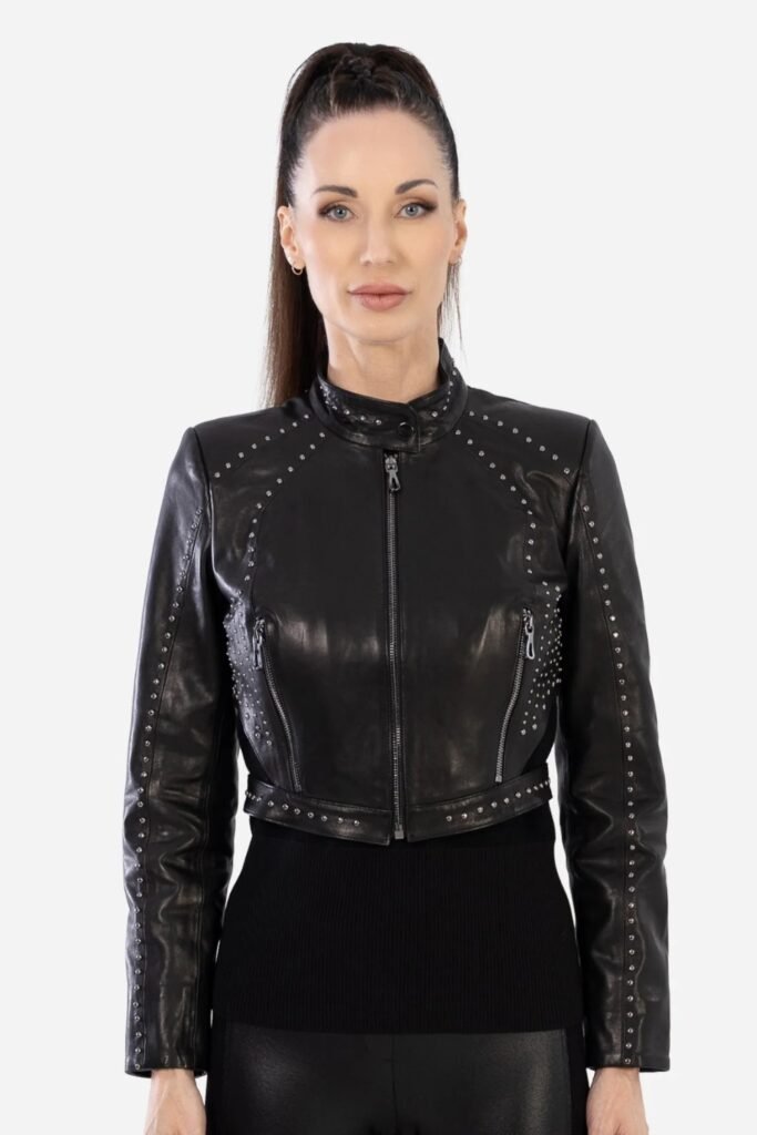 Cropped Leather High Collar Jacket