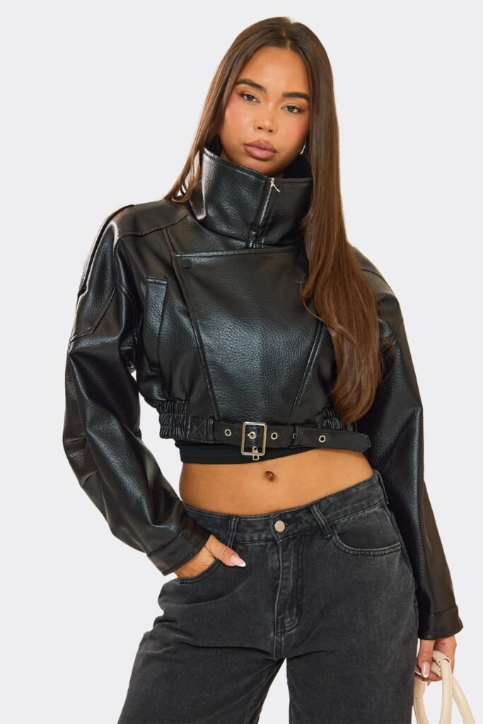 Cropped Leather Structured High Collar Jacket