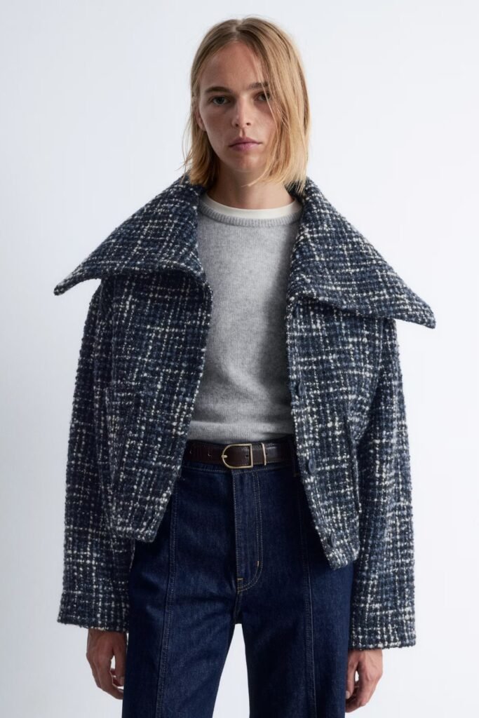 Cropped Textured Wool High Collar Jacket