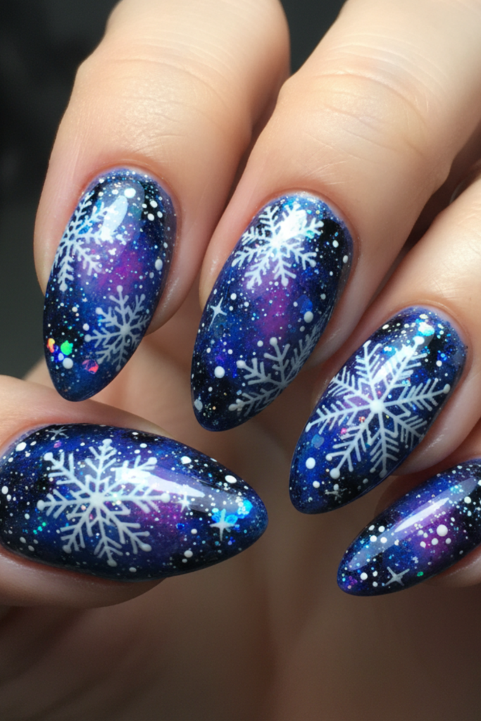 Deep blue galaxy glitter nails with white snowflakes
