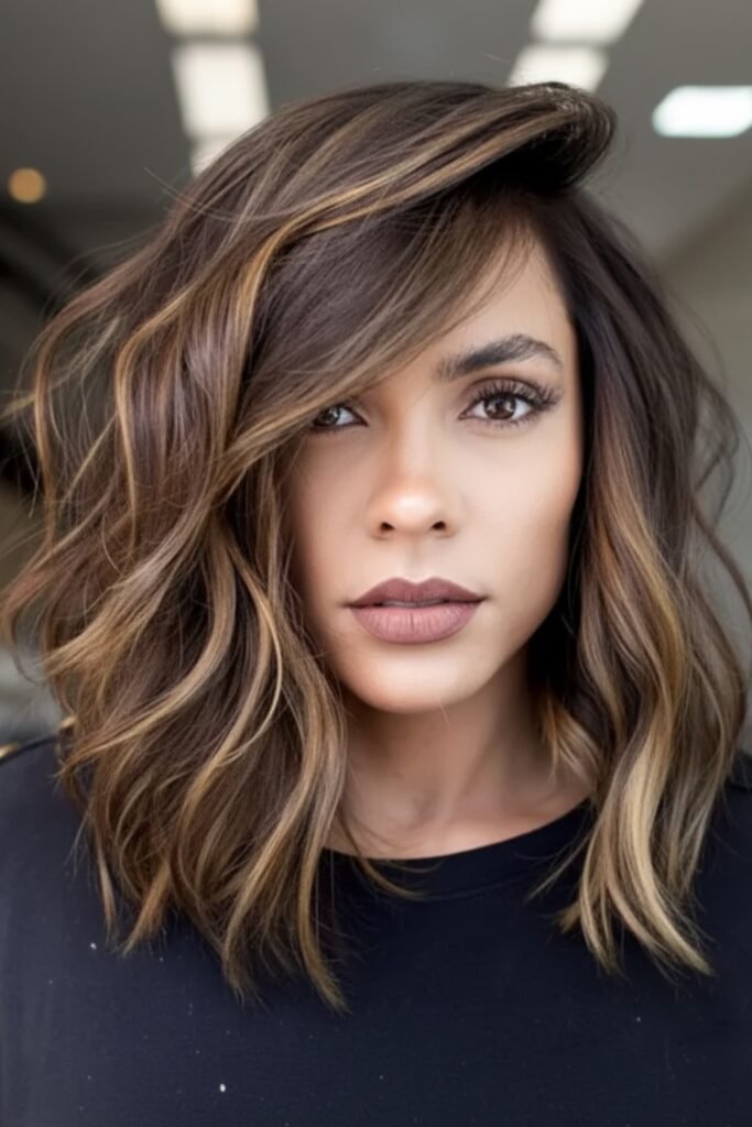 Woman with chocolate brown hair and caramel ribbons