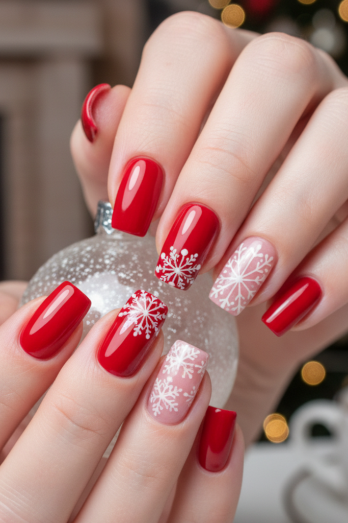 Red nails with white snowflake accent nails