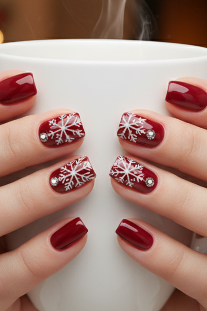 Berry red nails with white snowflakes, holding a white mug