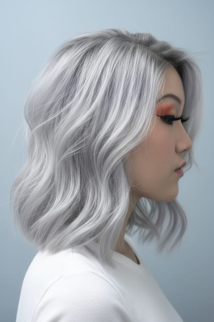 Side view of a metallic white-blonde wavy bob