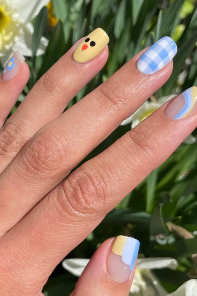 Mismatched Yellow With Blue Easter Nail Design