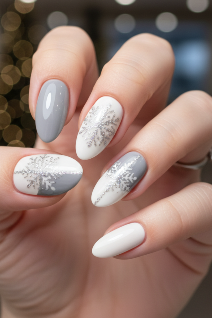 Pastel grey and creamy white nails with snowflake details