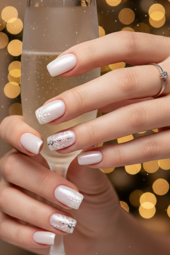 Pearly white nails with subtle white snowflakes