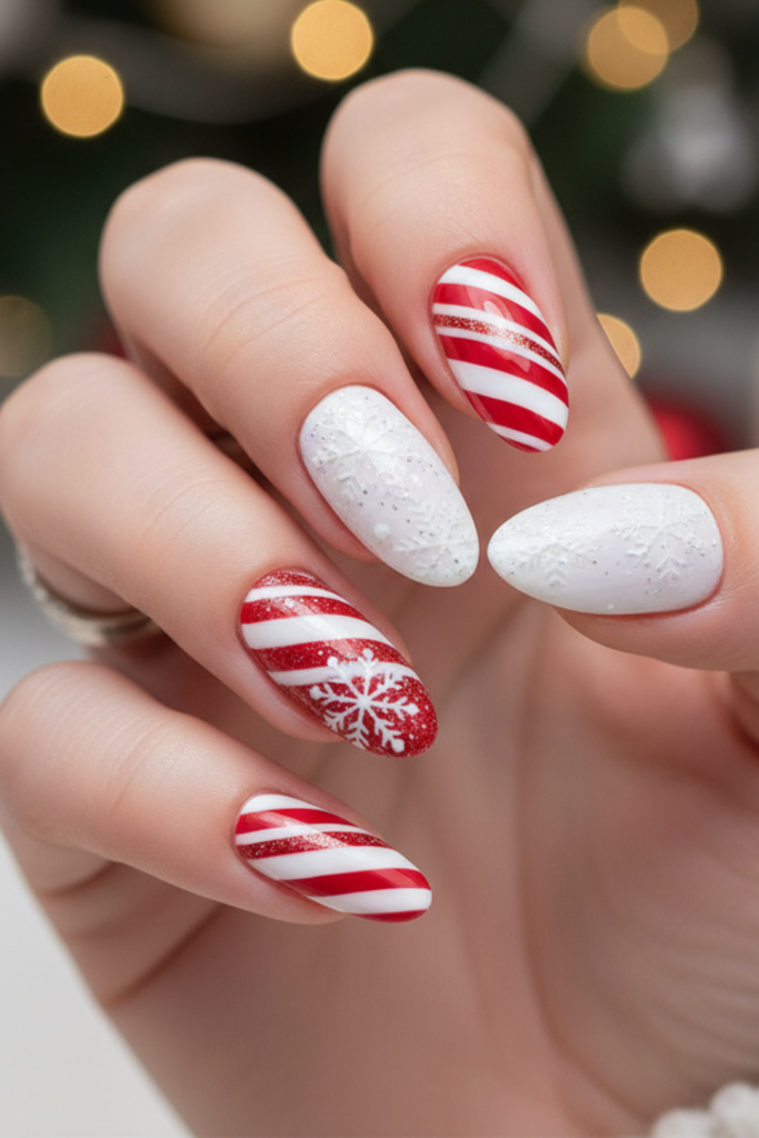Red and white peppermint-striped nails with a white snowflake nail