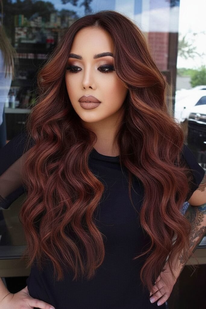Woman with long chestnut mahogany waves