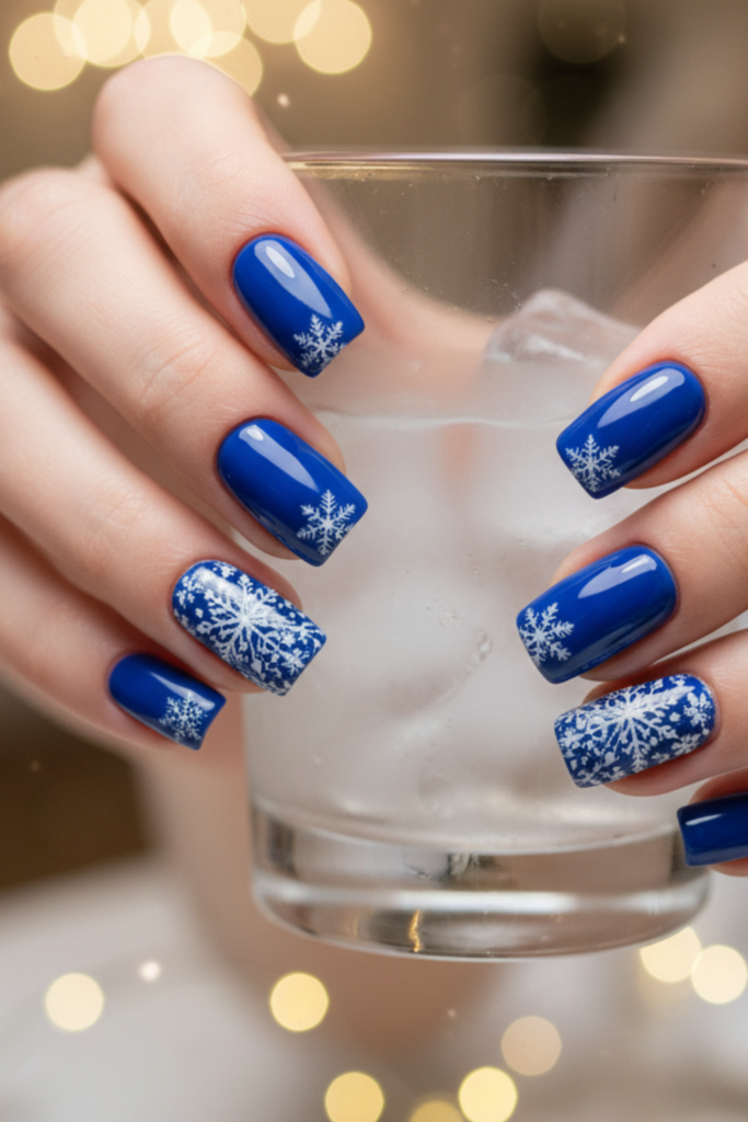 Royal blue nails with white snowflakes and a glitter accent