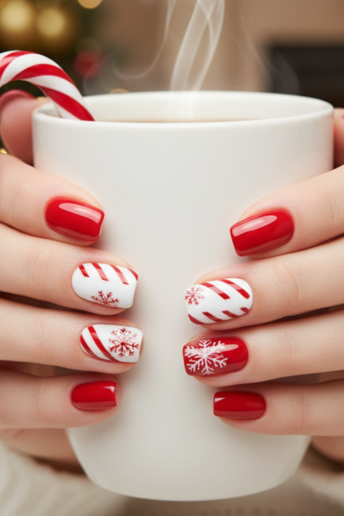 Red nails with candy cane stripes and a snowflake, holding a mug