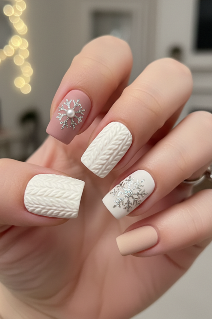 Cream cable-knit sweater nails with a glitter snowflake nail