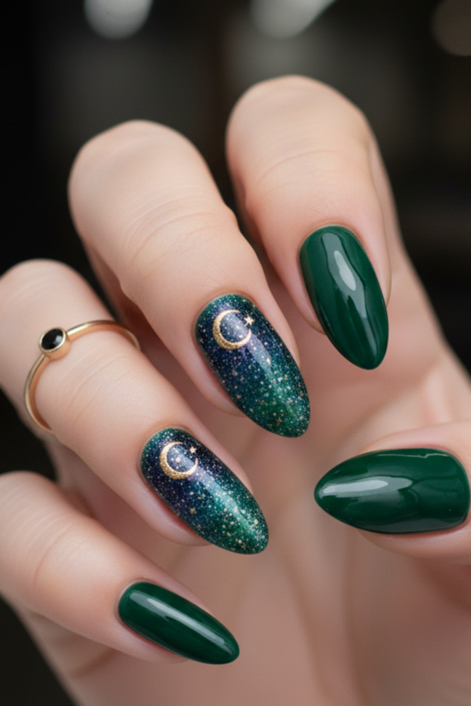 Dark green almond nails with a snowflake and bow detail