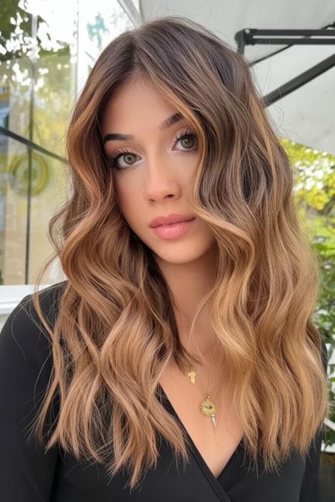 Woman with toffee balayage waves