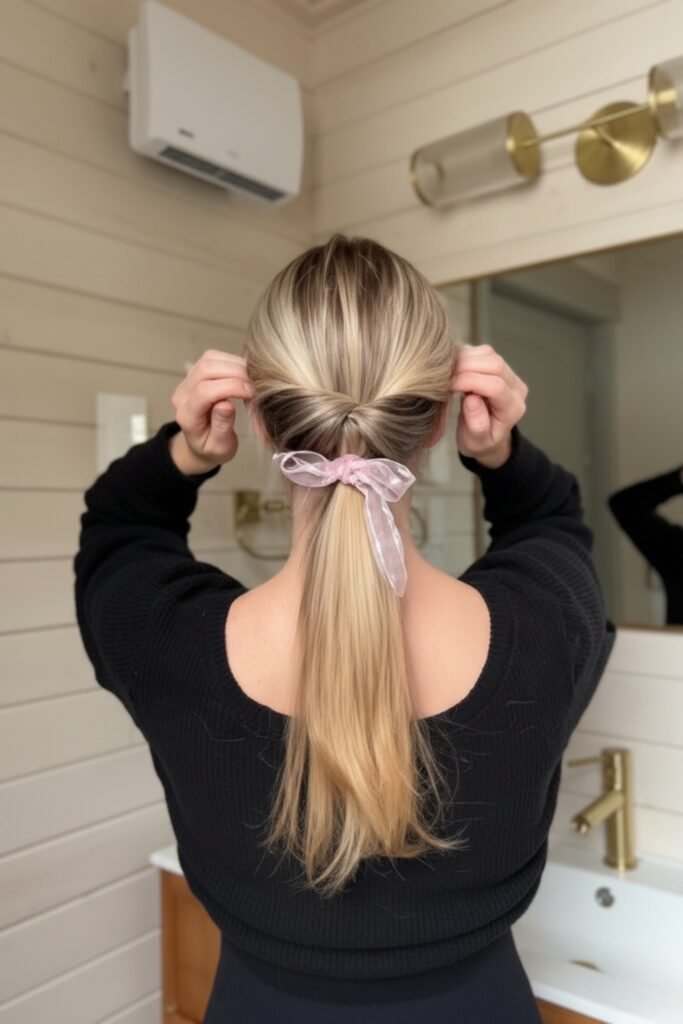 Back view of a twisted low ponytail tied with a ribbon