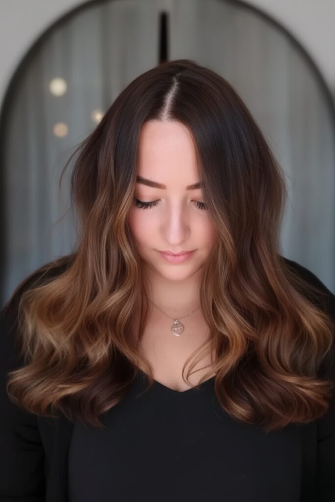 Woman with warm brown balayage waves