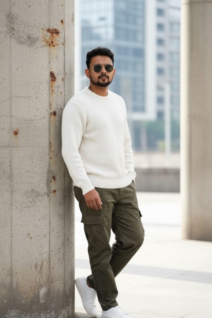 White Crew Sweatshirt and Cargo Pants Urban Edge