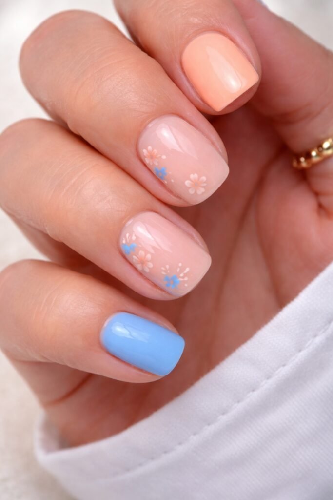 Baby Blue and Peach Square April Nails