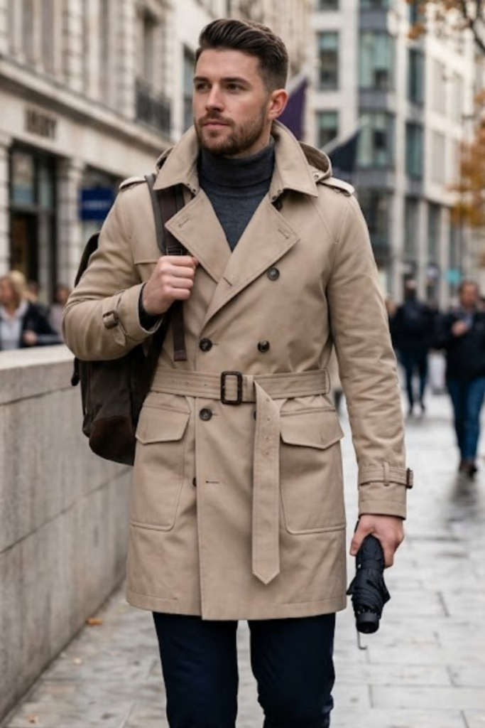 Man in a belted beige trench coat and black turtleneck on a city street