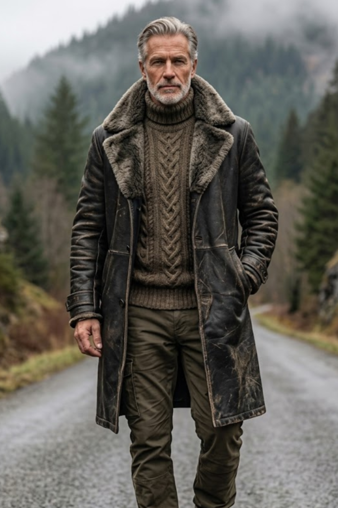 Man in a black leather trench coat with a fur collar on a forest road