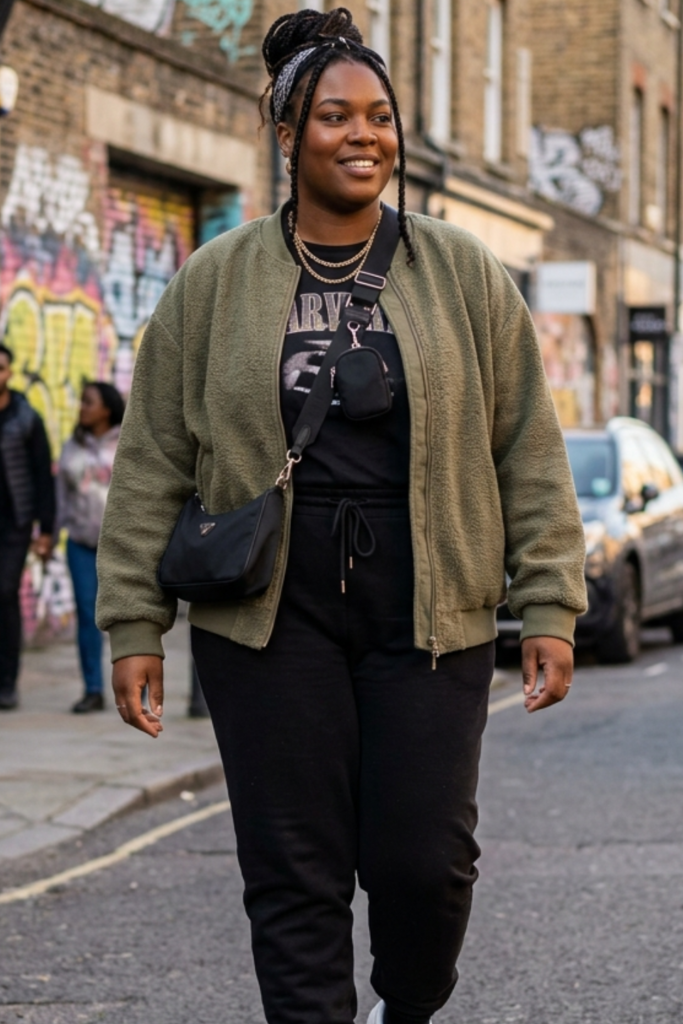 Plus-size streetwear: bomber jacket with a jogger set