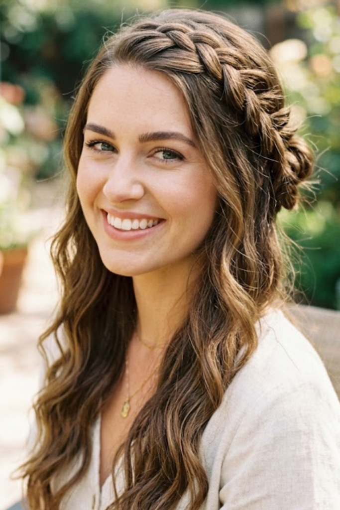Woman with a braided half-up style and loose waves