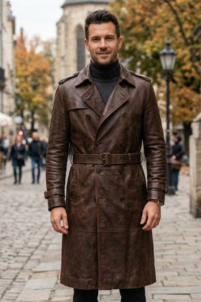 Man in a long brown leather trench coat on an autumn street