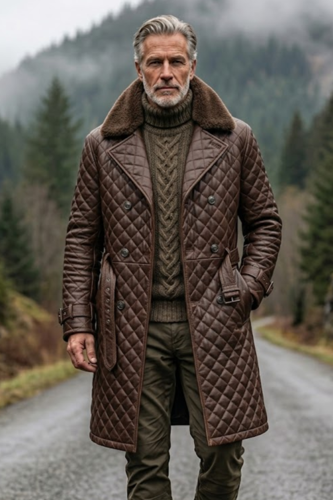 Man in a brown quilted leather trench coat with a fur collar on a forest road