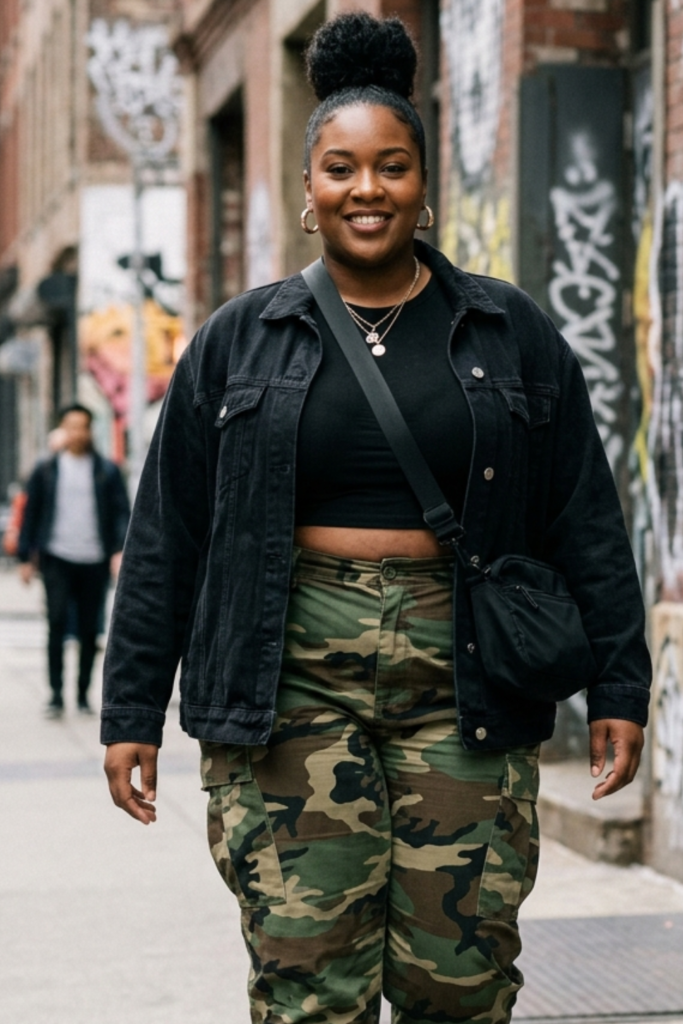 Plus-size streetwear: camo pants with a crop top