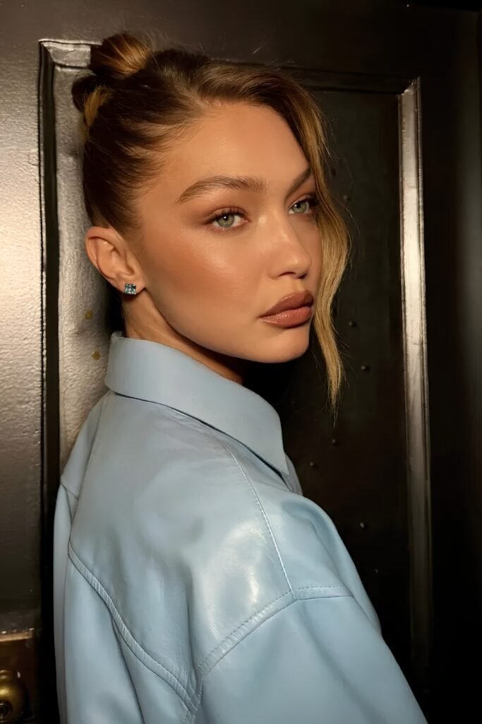 Champagne blonde hair pulled back