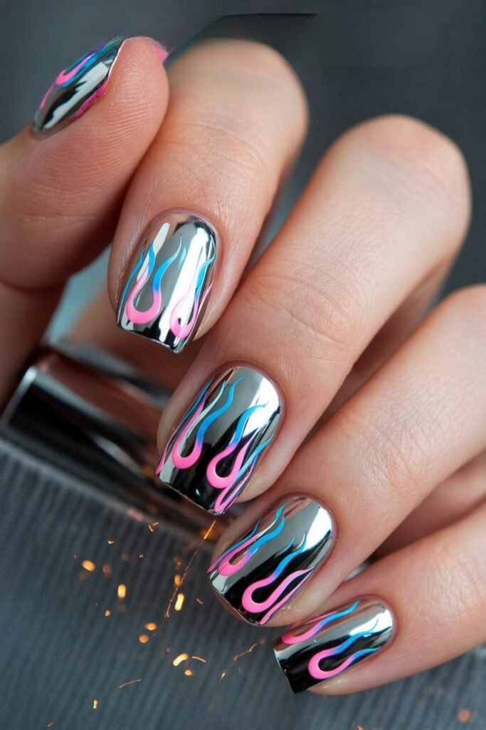 Chrome Flame Almond Edgy Nail Art
