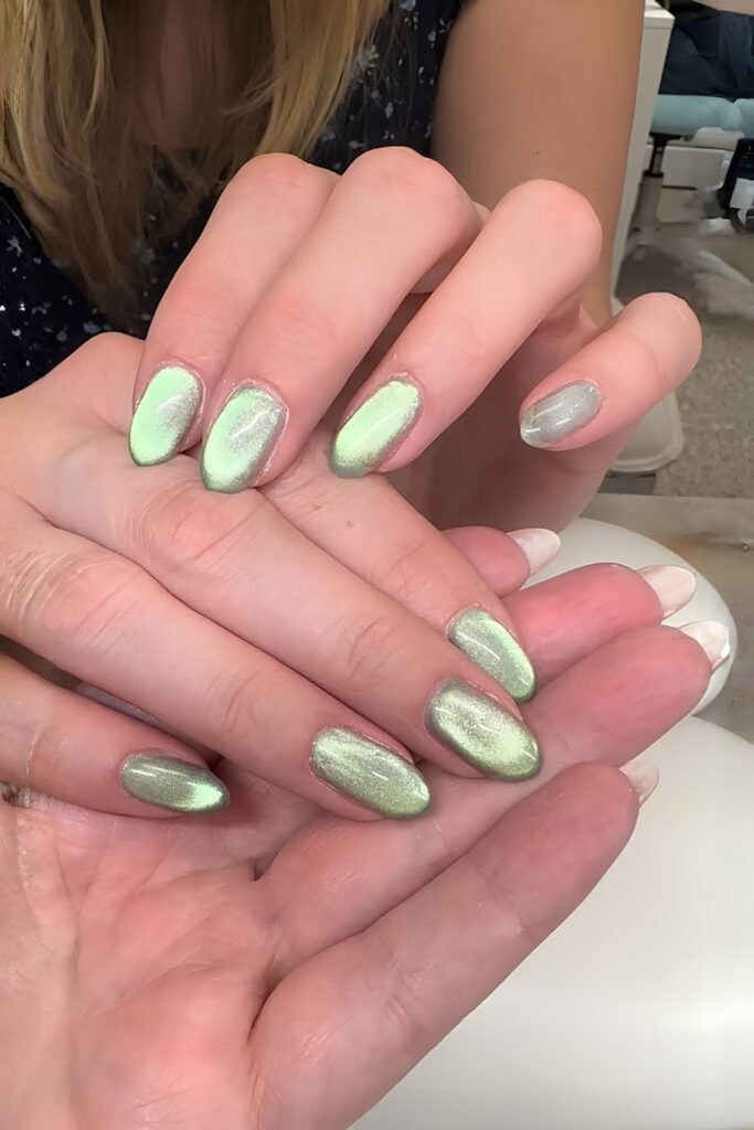 Creamy Sage Chrome Oval Nails