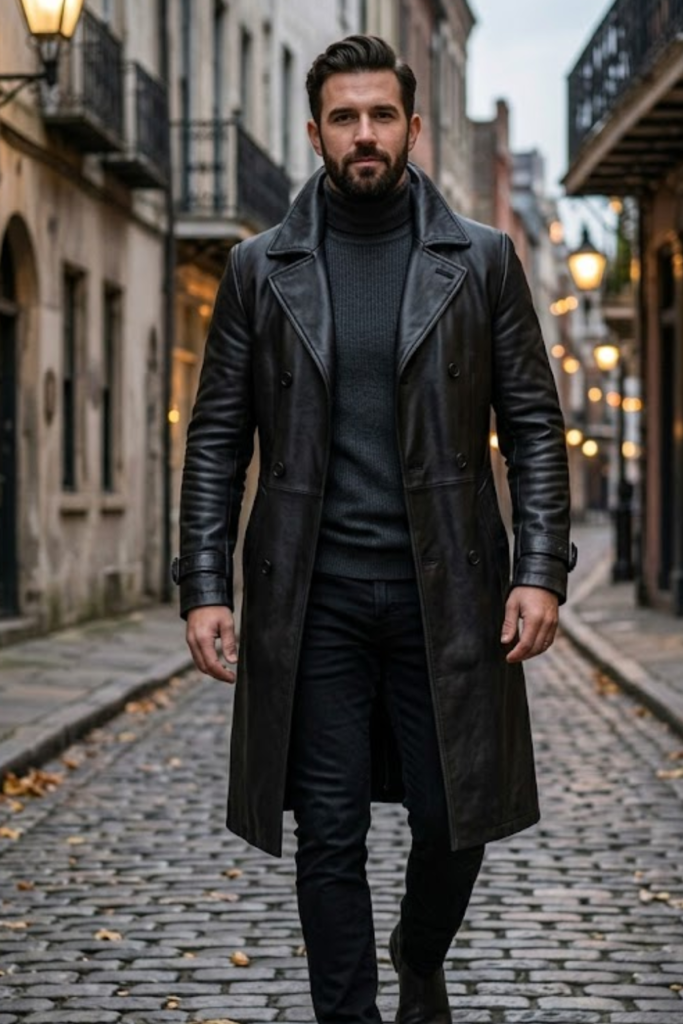 Man in a long black leather trench coat on a cobbled street