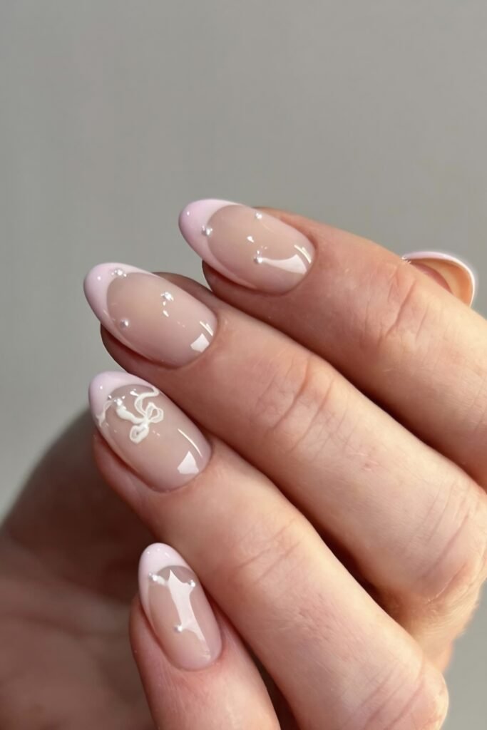Delicate French Tips with Tiny Bows