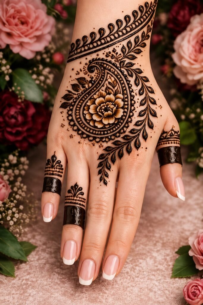 Delicate Fusion Back Hand Mehndi Design with Paisleys