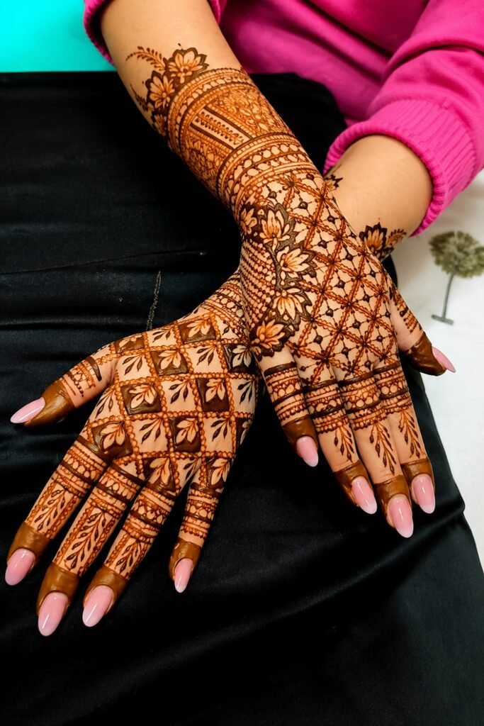 Dense Pakistani Jaali Back Hand Mehndi Design for Weddings
