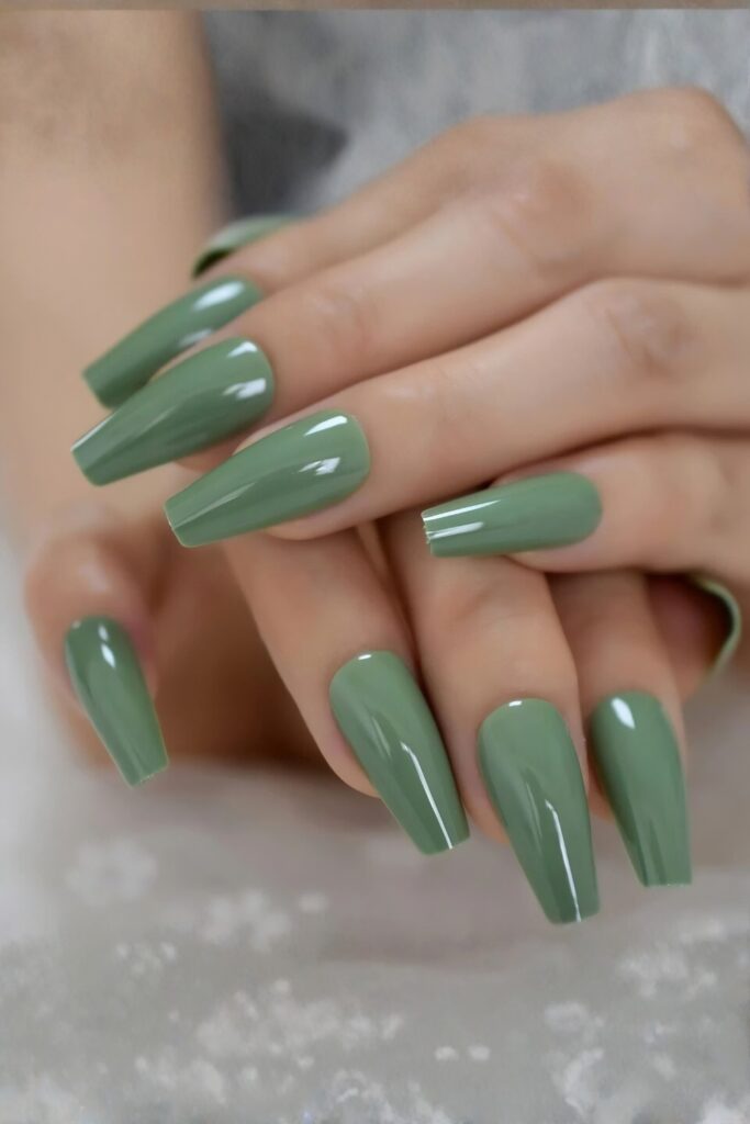Dusty Sage Glossy Coffin Nails