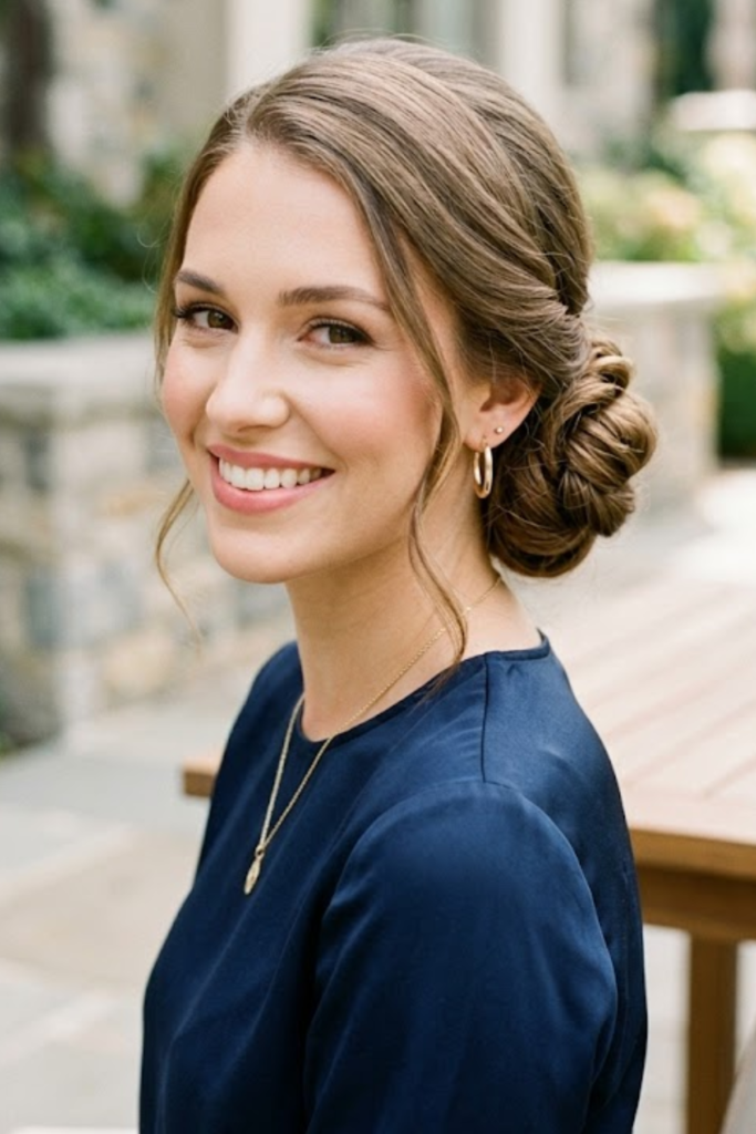 Woman with a low side bun and a navy top