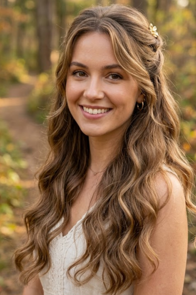 Woman with half-up half-down waves
