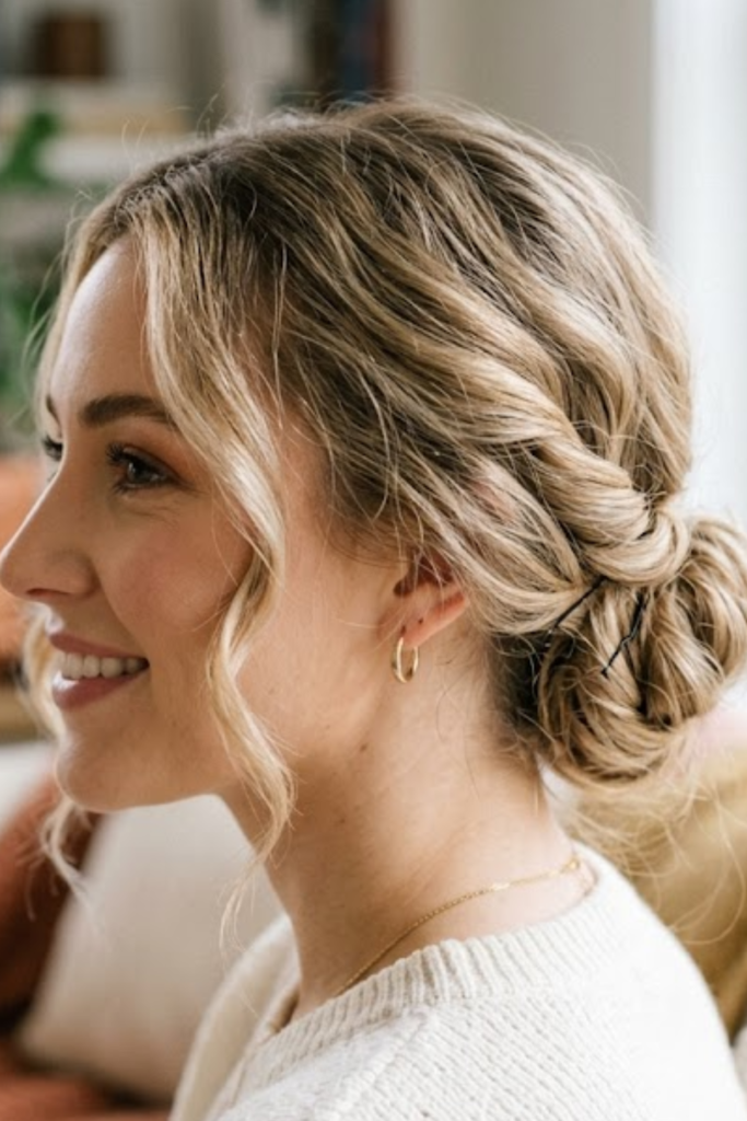 Side view of a soft twisted bun on blonde hair