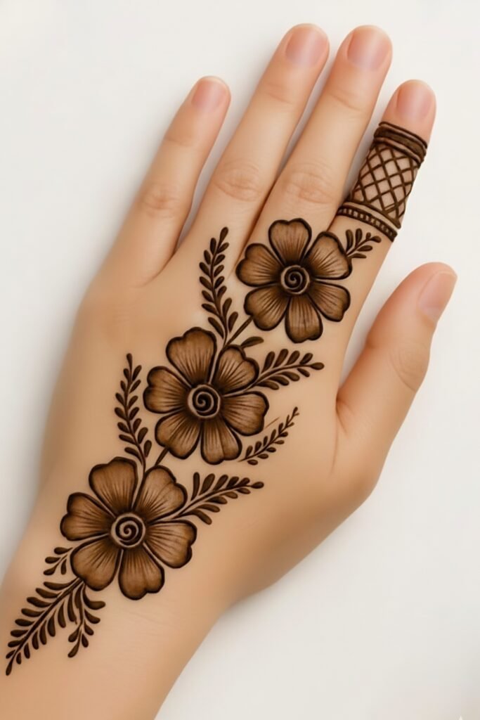 Graceful Floral Back Hand Mehndi Design with Leafy Vines