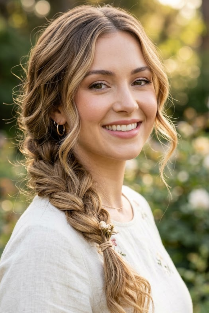 Woman with a loose side braid over one shoulder