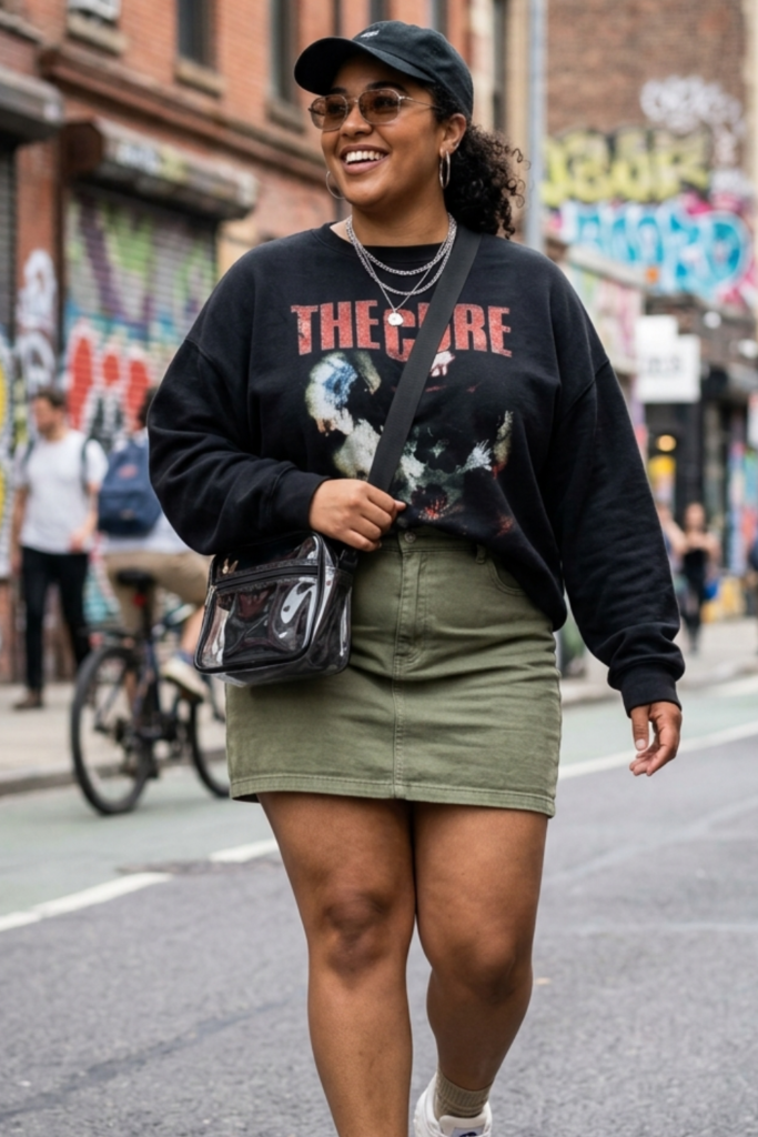 Plus-size streetwear: graphic sweatshirt with a mini skirt