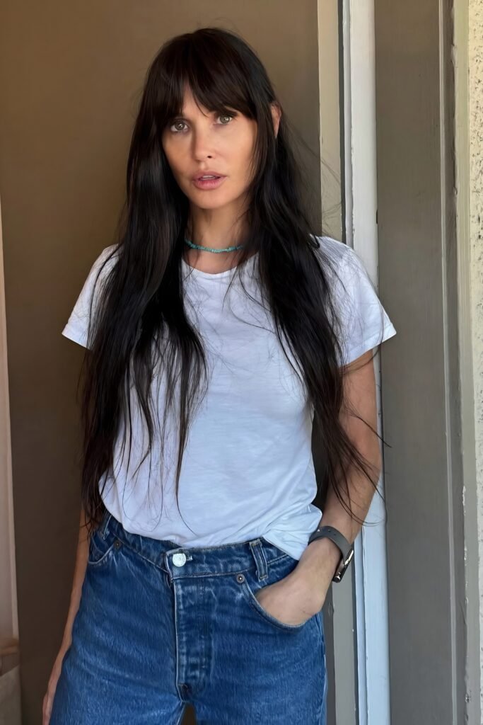 Long dark hair with a full fringe