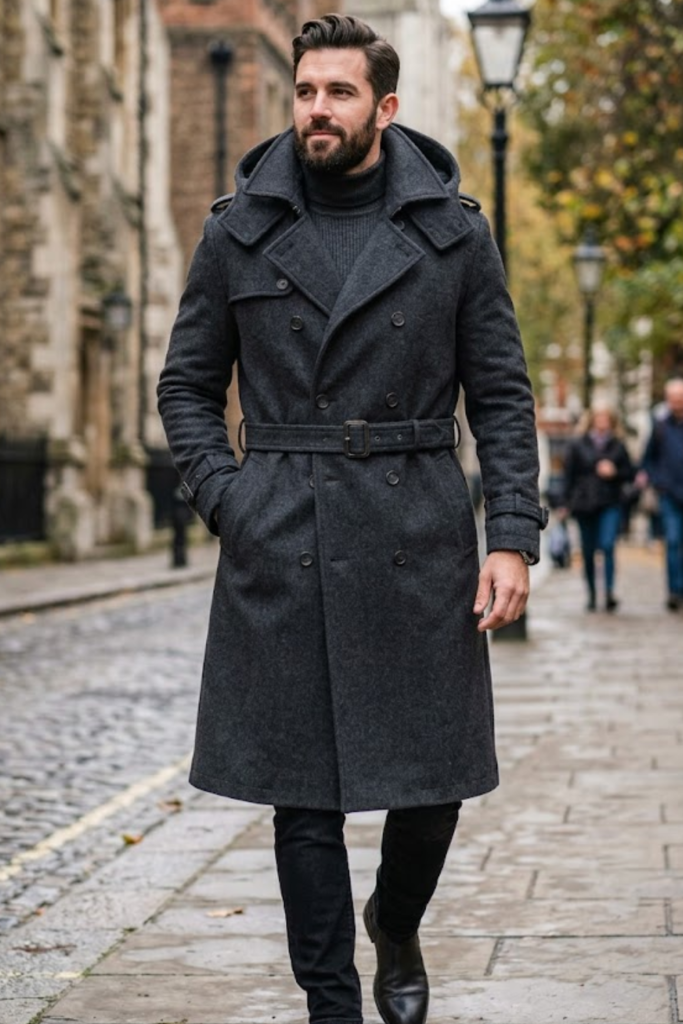 Man in a dark belted wool trench coat walking on a cobbled street