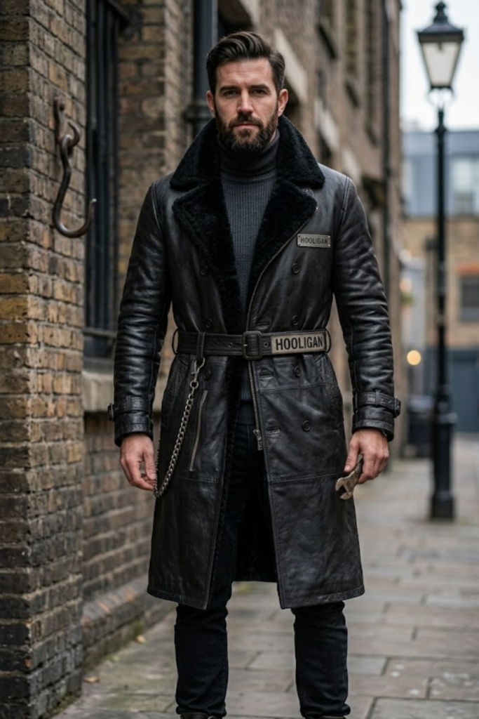 Man in a belted black leather trench coat with a fur collar in an alley