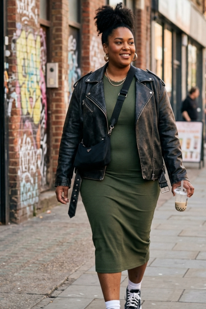 Plus-size streetwear: leather jacket with a ribbed bodycon dress