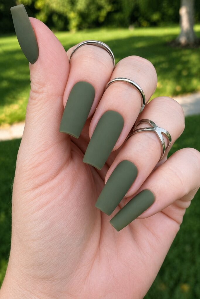 Matte Olive Sage Coffin Nails