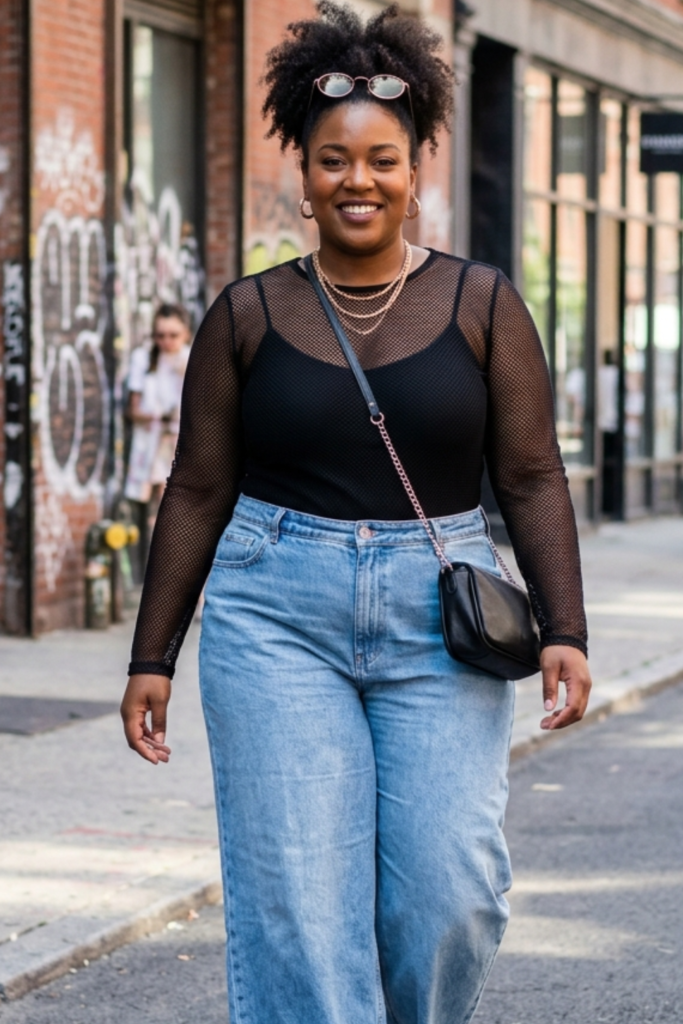 Plus-size streetwear: mesh top with wide-leg pants