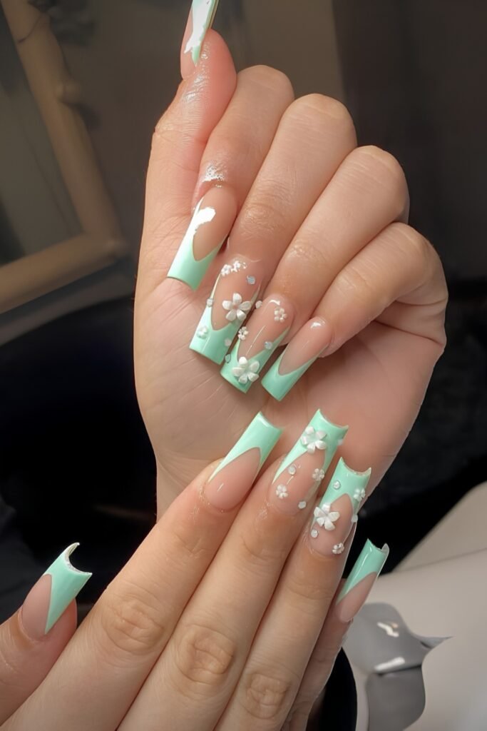 Mint Green Floral Coffin April Nails
